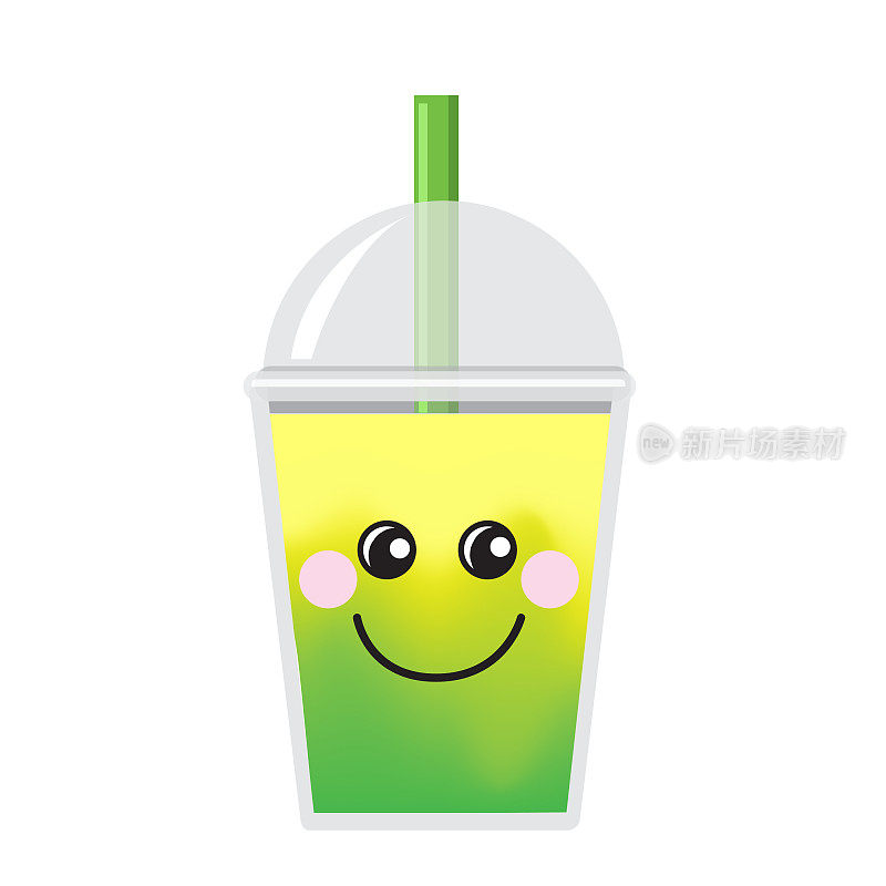 Happy Emoji Kawaii face on Bubble or Boba Tea Lime Flavor Full color Icon on white background